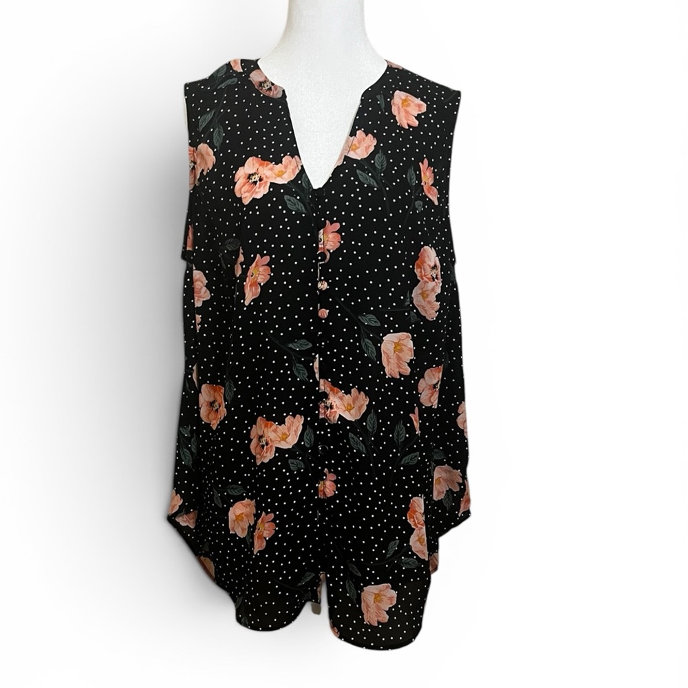 torrid Black Floral Dot V-Neck Sleeveless Blouse